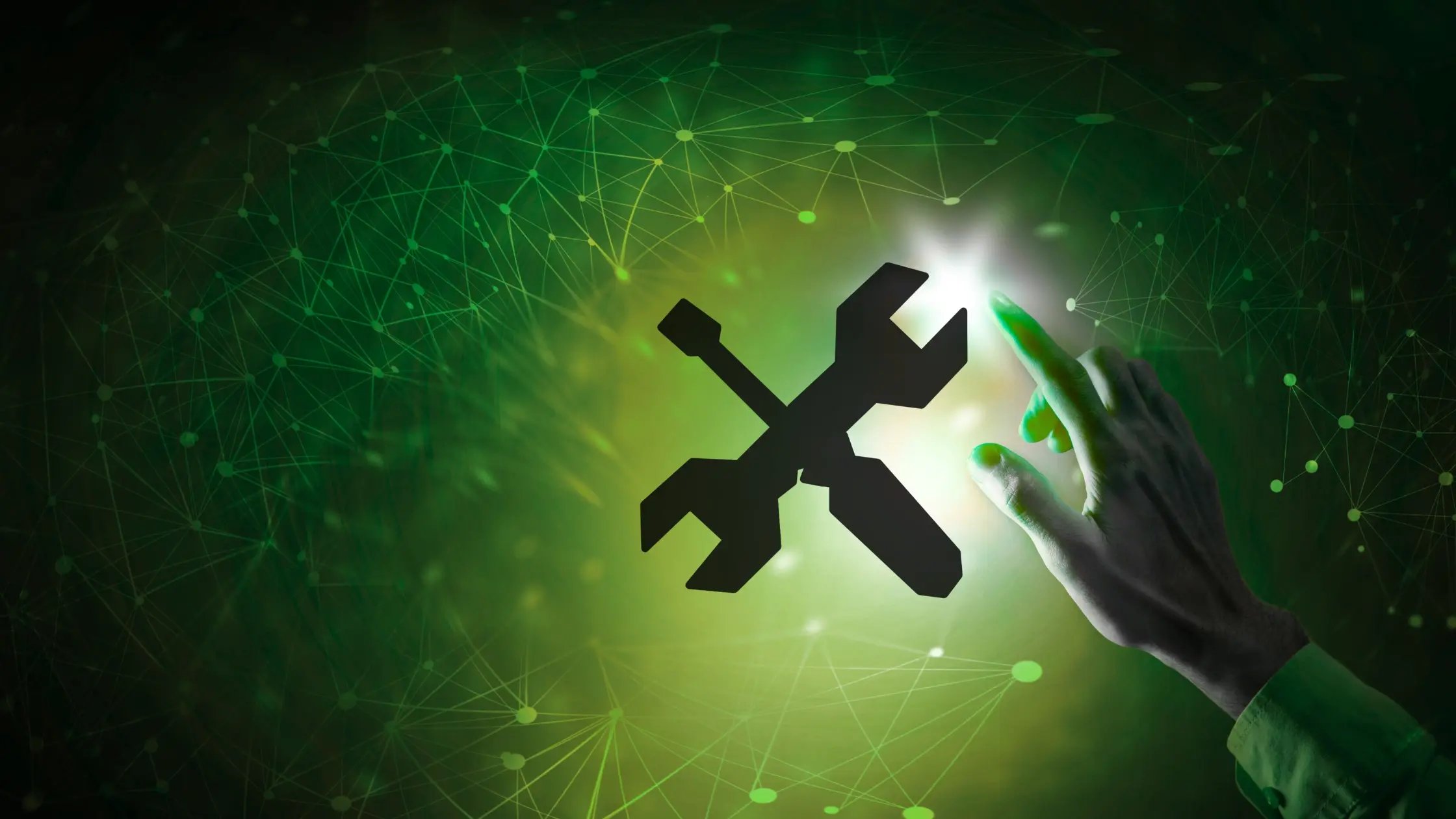 Futuristic interface with wrench and screwdriver icon, symbolizing digital tools, system maintenance, and IT support