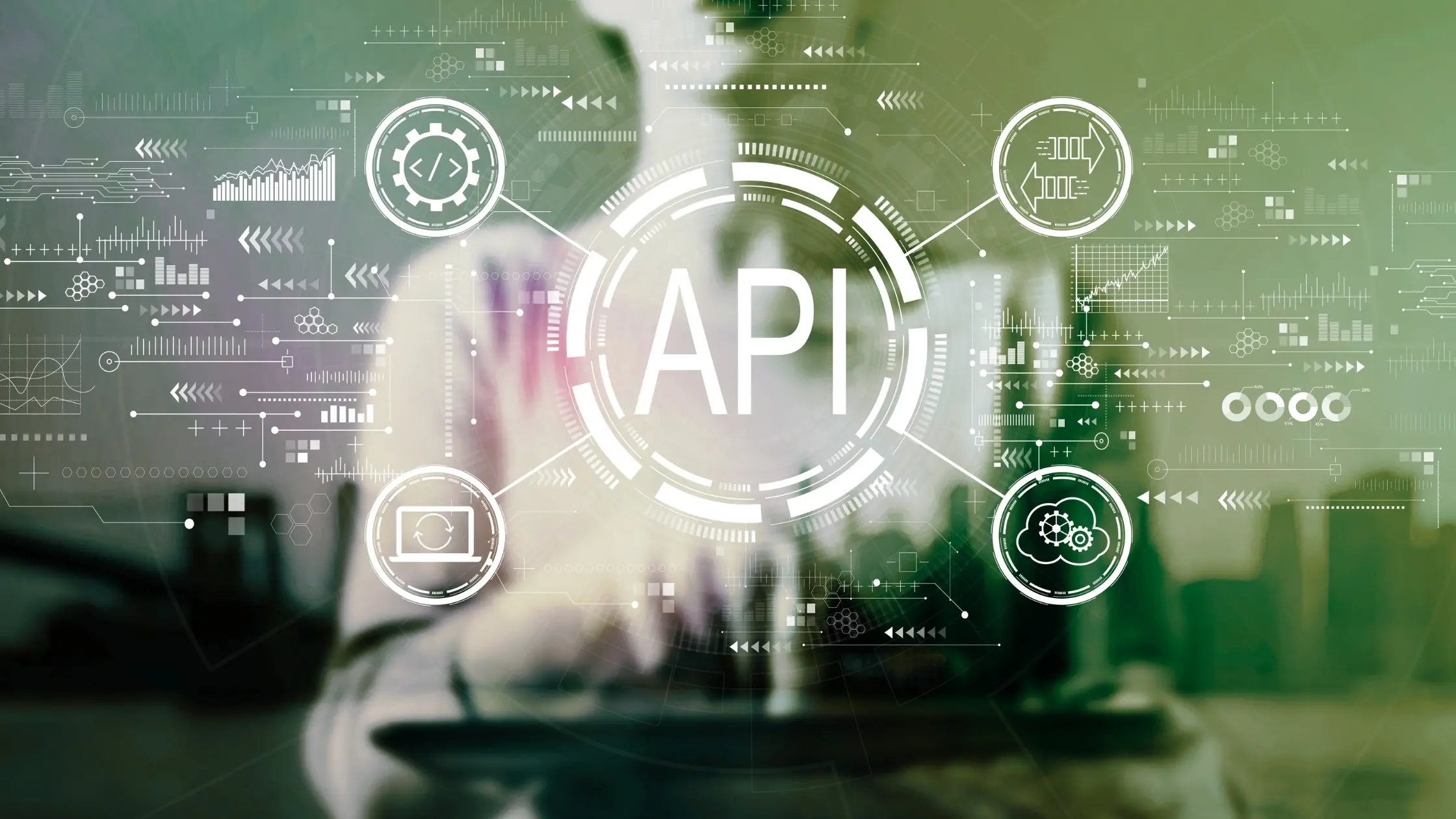 API icon with futuristic technology interface and data visualization overlays - application programming interface integration