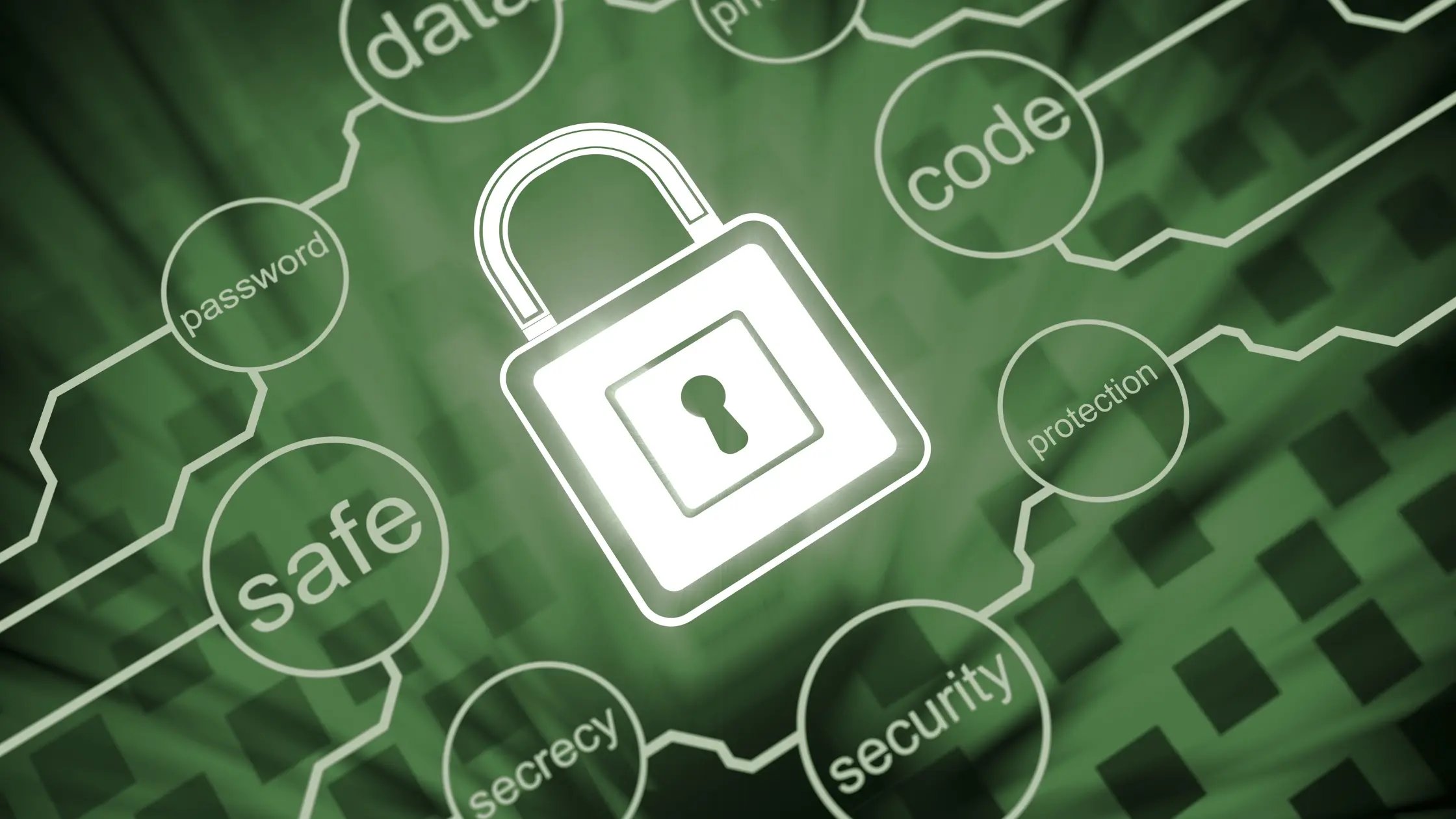 Digital padlock surrounded by cybersecurity keywords like data, password, and safe, representing online security and encryption