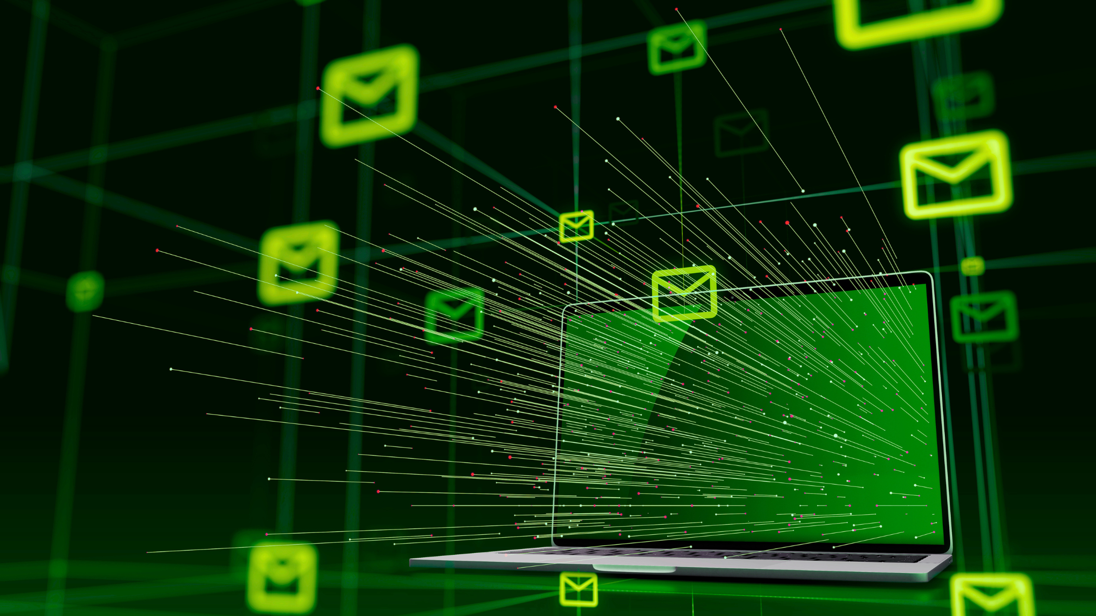Laptop with digital emails flying out, symbolizing data transfer or email marketing
