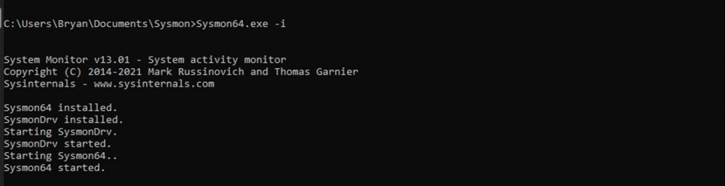 Installing Sysmon “Sysmon64.exe -I."