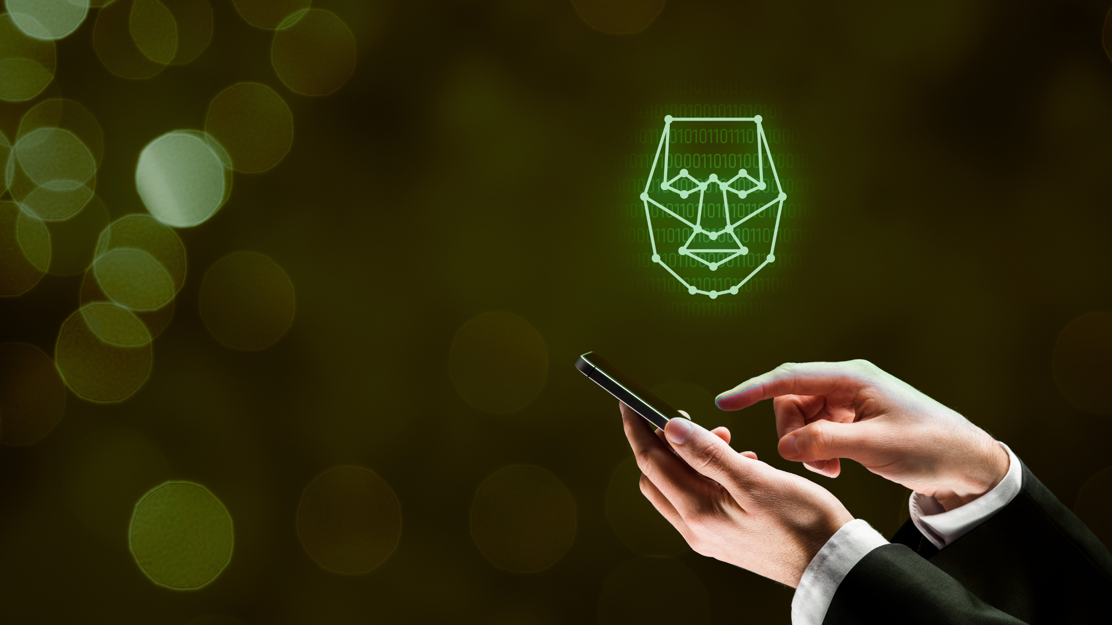 Person using facial recognition on smartphone with digital face ID interface